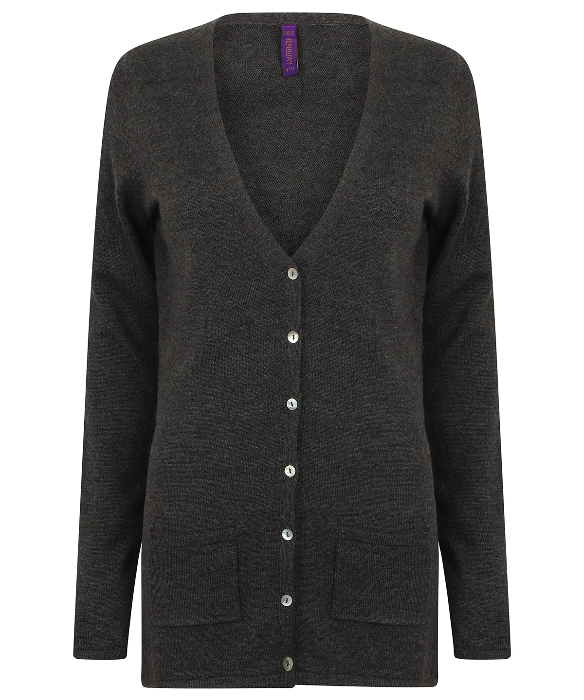 Henbury – Damen-Cardigan mit V-Knopfleiste – Grau meliert – Fügen Sie Ihr Design/Logo hinzu