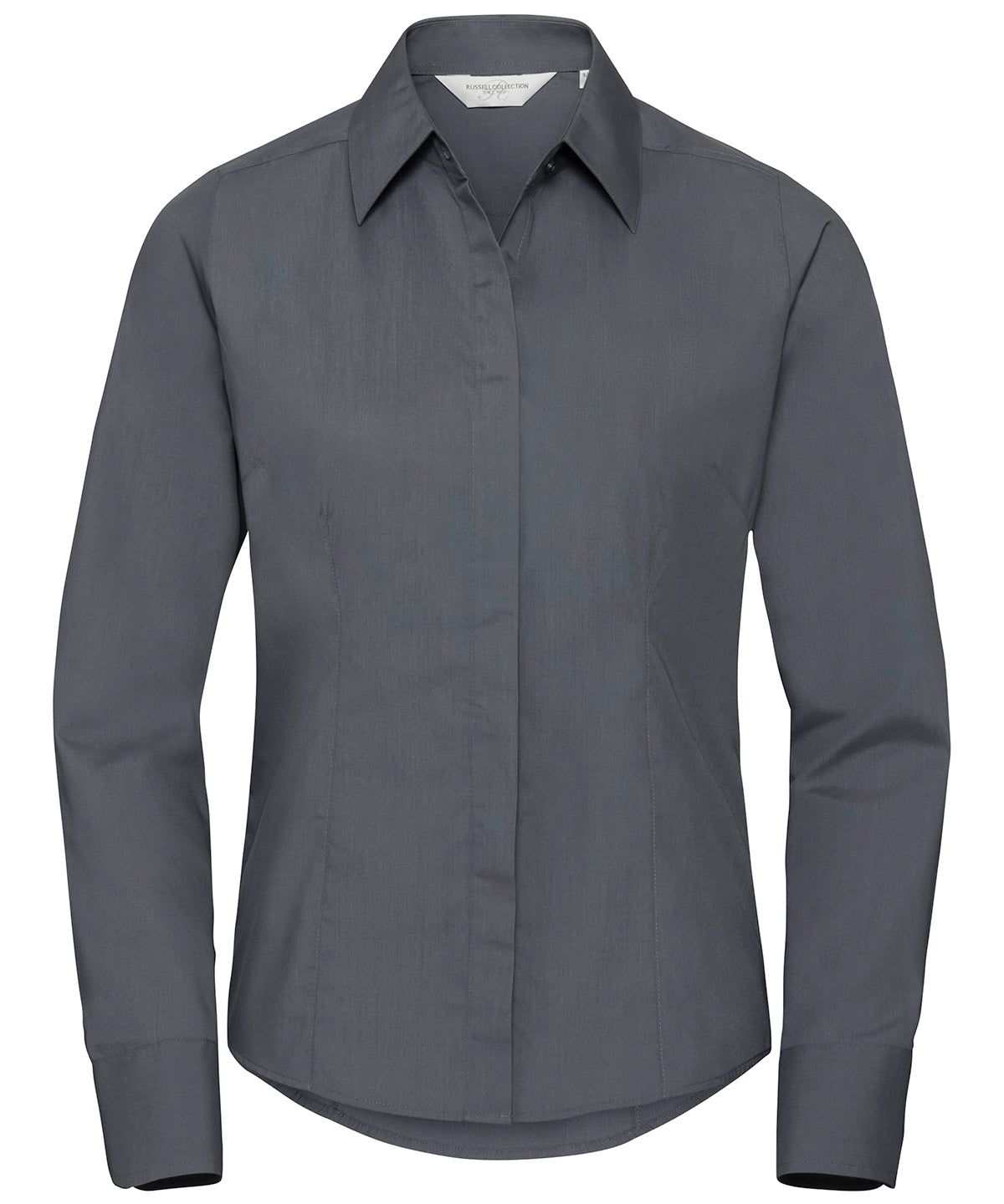 Russell Collection – Langärmliges, pflegeleichtes, tailliertes Popeline-Hemd aus Polycotton für Damen – Convoy Grey – Fügen Sie Ihr Design/Logo hinzu