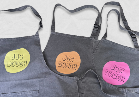 3 personalised grey aprons.