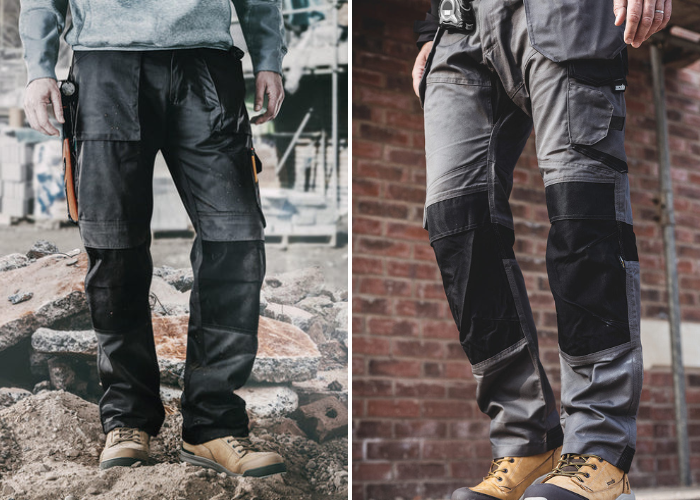 two side-by-side images of men modelling work trousers.