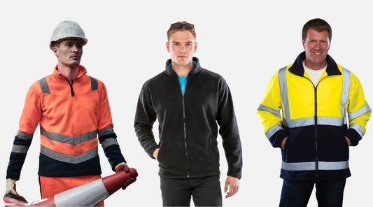 Three men showcasing high visibility fleece workwear