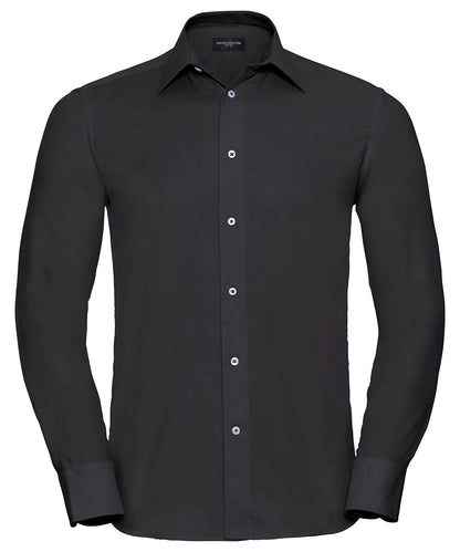 Collection Russell - Chemise Oxford ajustée à manches longues et facile d'entretien - Noir - Ajoutez votre design/logo