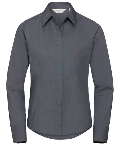 Russell Collection – Langärmliges, pflegeleichtes, tailliertes Popeline-Hemd aus Polycotton für Damen – Convoy Grey – Fügen Sie Ihr Design/Logo hinzu