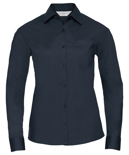 Collection Russell - Chemise femme manches longues en popeline polycoton facile d'entretien - Bleu marine - Ajoutez votre logo