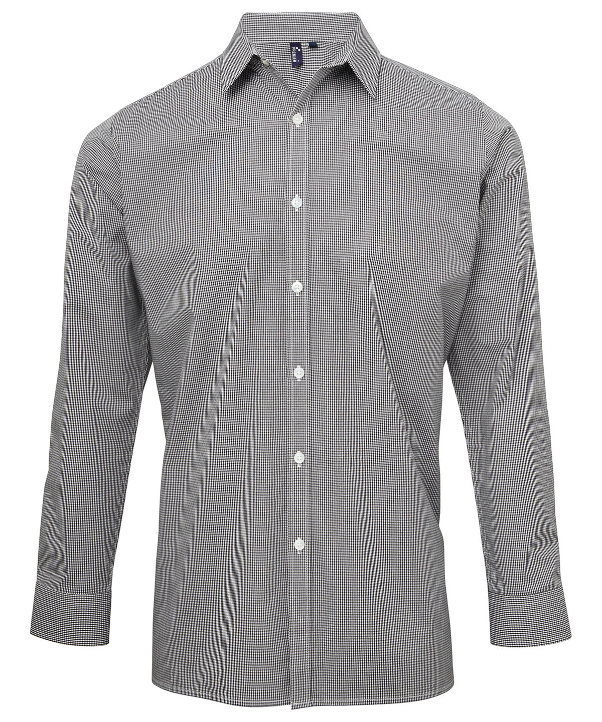 Premier - Chemise en coton à manches longues à carreaux vichy - Noir/Blanc - Ajoutez votre design/logo