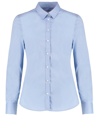 Kustom Kit - Chemise Oxford extensible à manches longues pour femme (coupe ajustée) - Bleu clair - Ajoutez votre design/logo